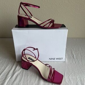 Nine West Embae3 Dark Pink Mirror Strappy Block Heel Sandals Party Women 9M NIB